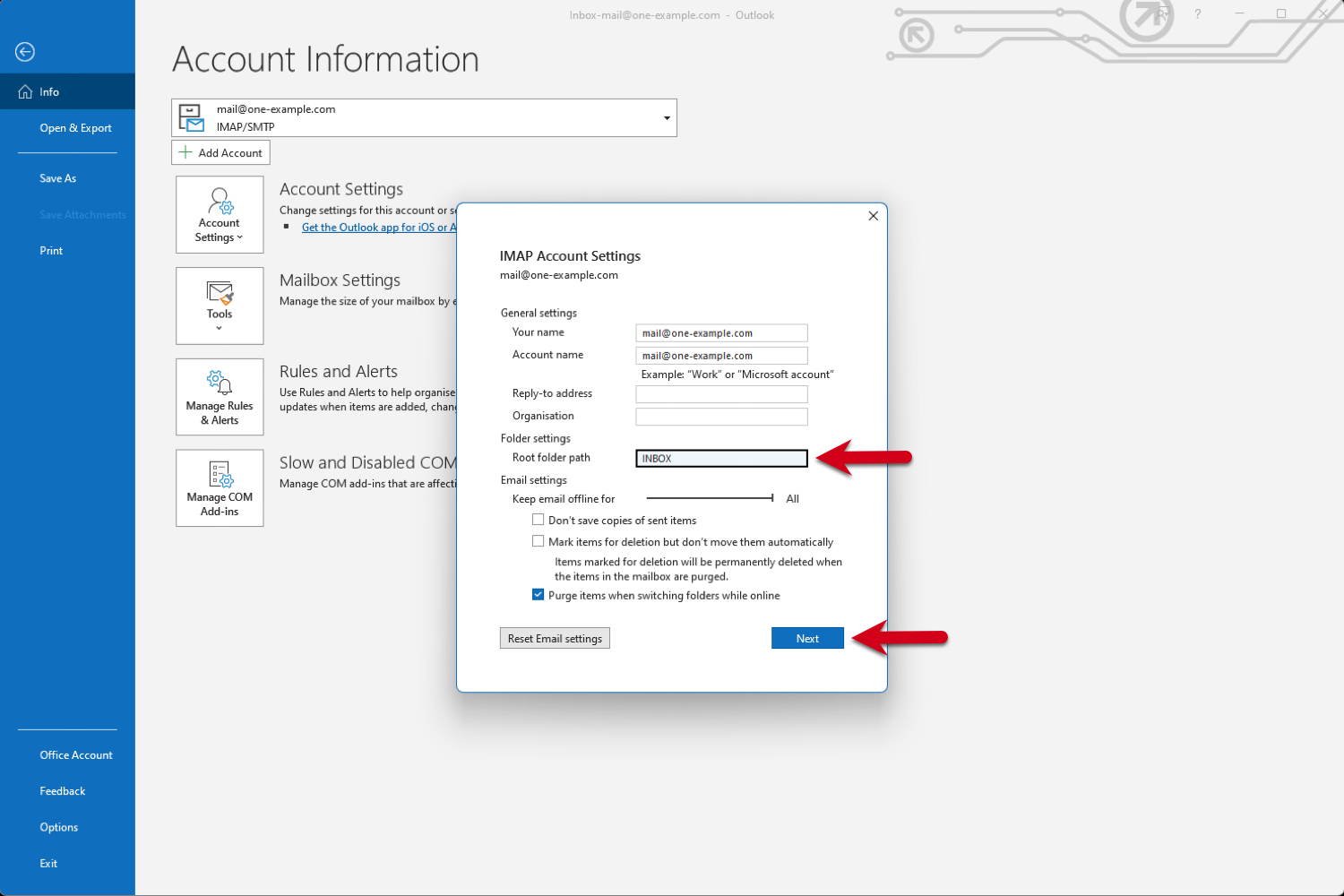 Select INBOX as the Root Folder path, under the Inbox settings and check the Purge items when switching folders while online option. After that, click on the Next button.